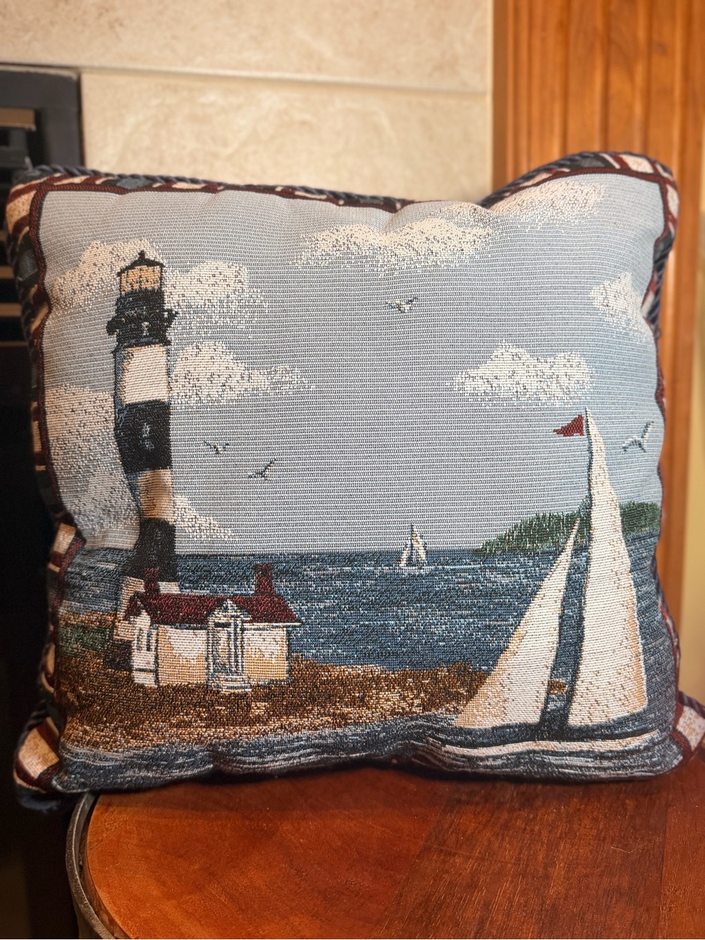 Mohawk Home Coastal Lighthouse Tapestry Pillow 
Lighthouse Boat 16x16 Beach Boho